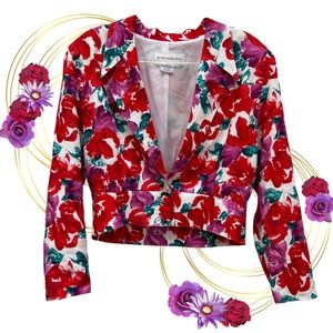 Vintage 100% Linen Cropped Floral Blazer 80s 90s Preppy Bloomcore Princess Diana